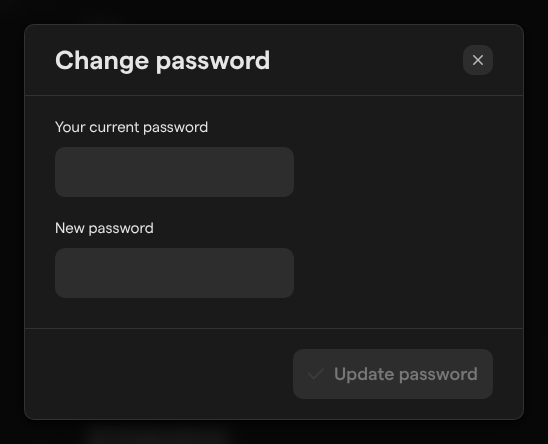 The Change password dialog with the Your current password and New password fields and the Update password button.