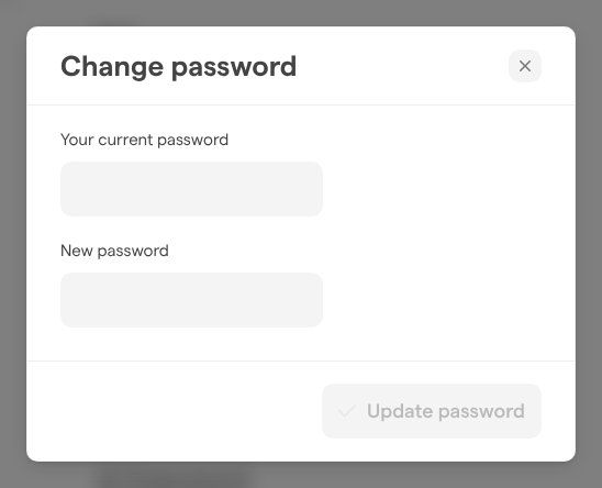 The Change password dialog with the Your current password and New password fields and the Update password button.