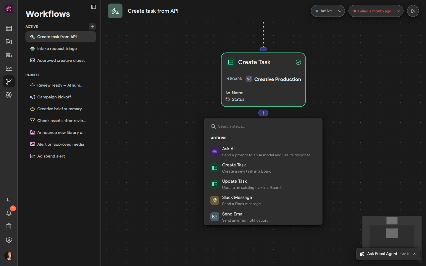 The Create task from API workflow with the step picker open under its Create Task step, listing Ask AI, Create Task, Update Task, Slack Message and Send Email.