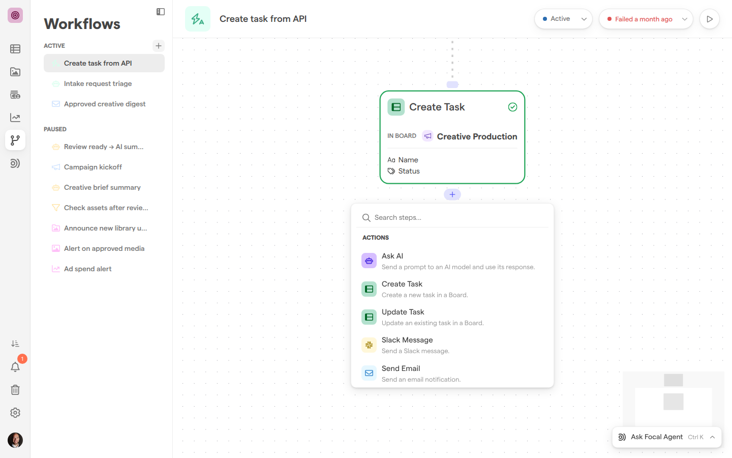 The Create task from API workflow with the step picker open under its Create Task step, listing Ask AI, Create Task, Update Task, Slack Message and Send Email.