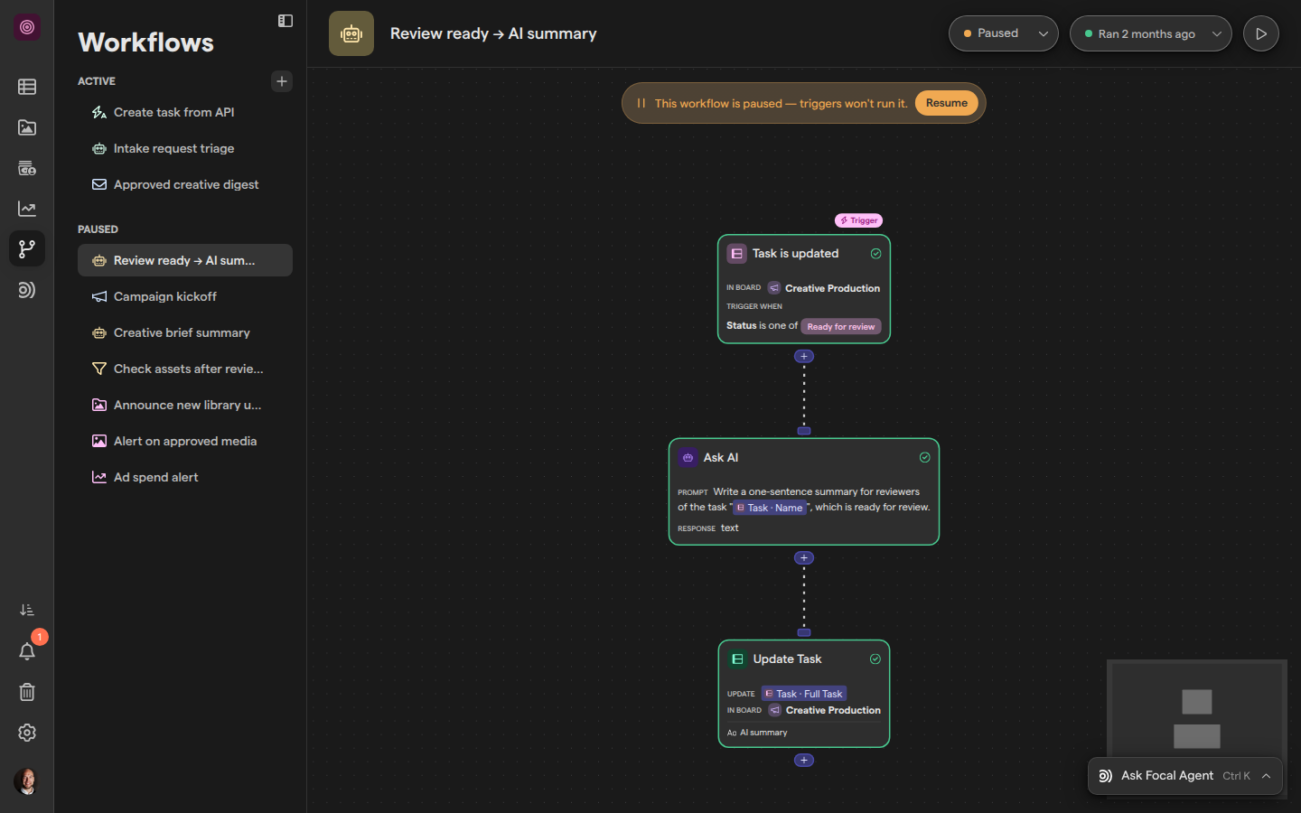 The workflow editor showing a paused workflow with a Task is updated trigger, an Ask AI step and an Update Task step.