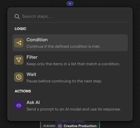 The step picker with a search field and the Logic and Actions groups.