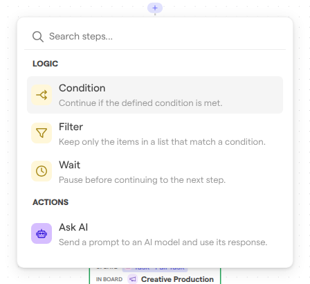 The step picker with a search field and the Logic and Actions groups.