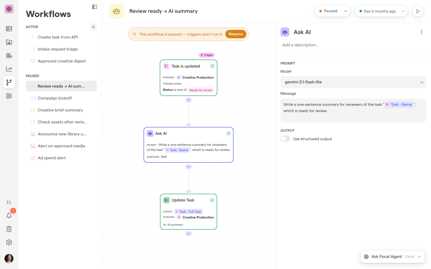 The settings panel for an Ask AI step, open beside the canvas.