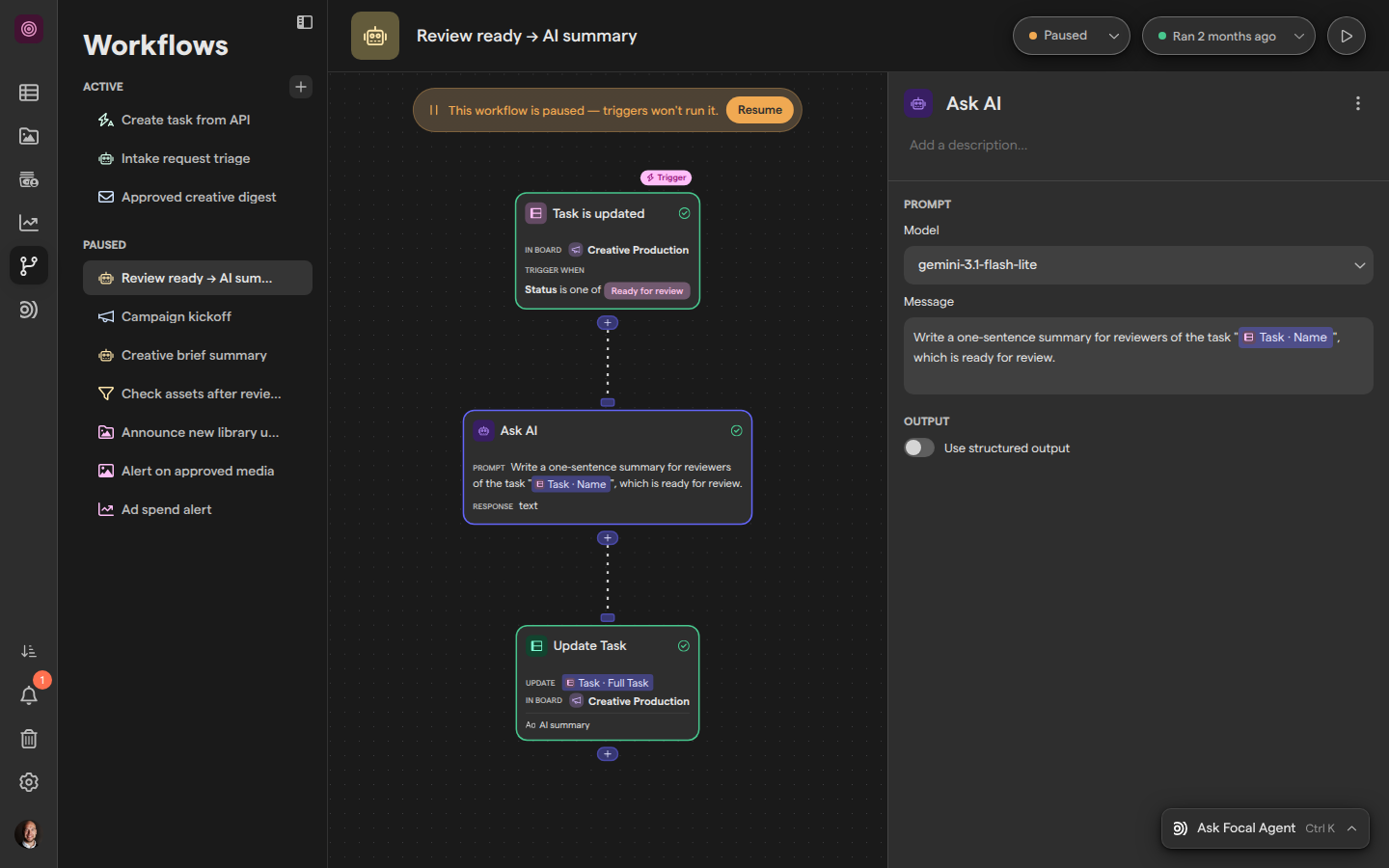 The settings panel for an Ask AI step, open beside the canvas.