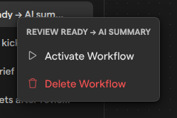 The workflow menu in the Workflows sidebar with Activate Workflow and Delete Workflow.