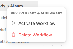 The workflow menu in the Workflows sidebar with Activate Workflow and Delete Workflow.