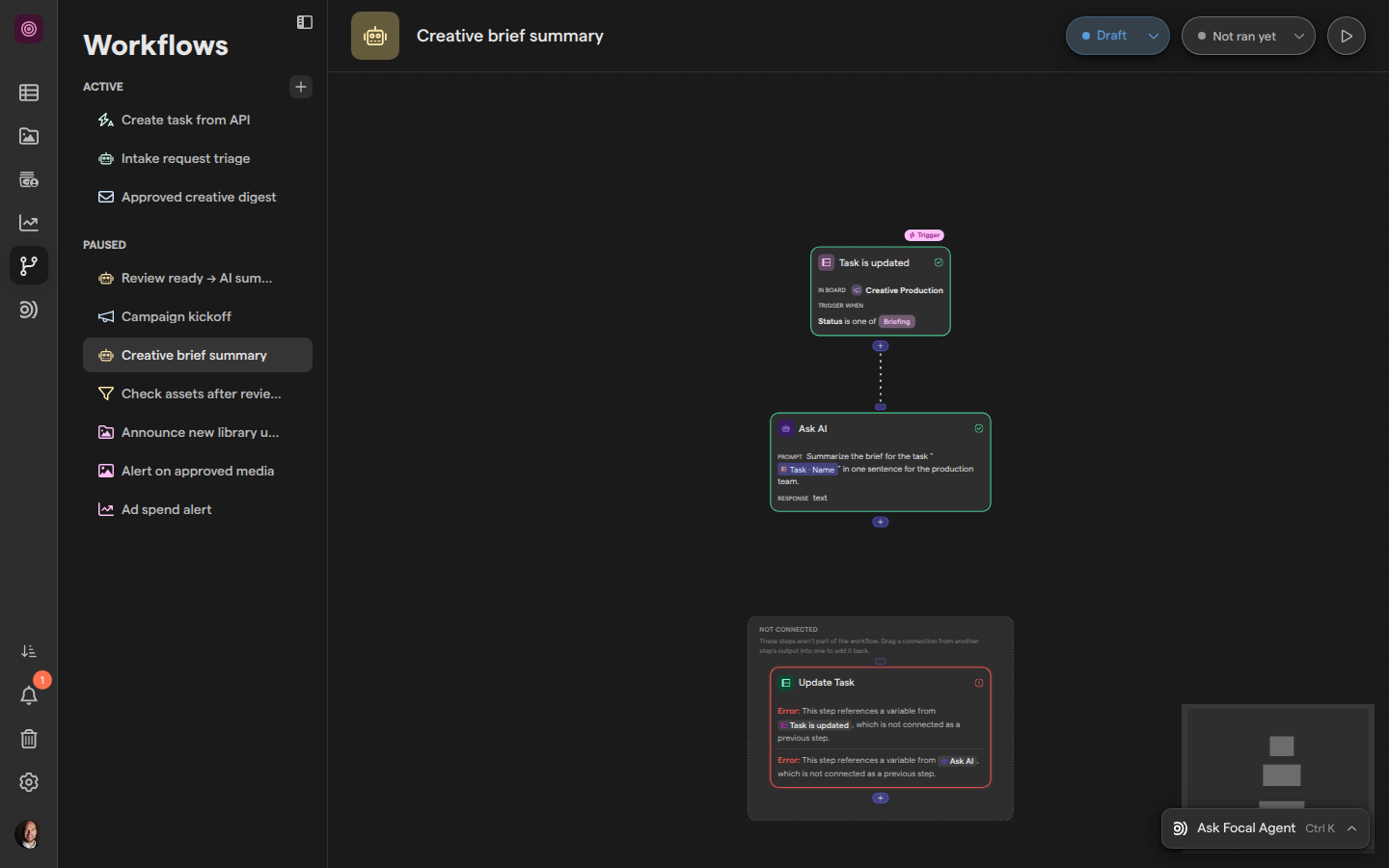 A workflow on the canvas with an Update Task step in the Not connected box below the connected steps.