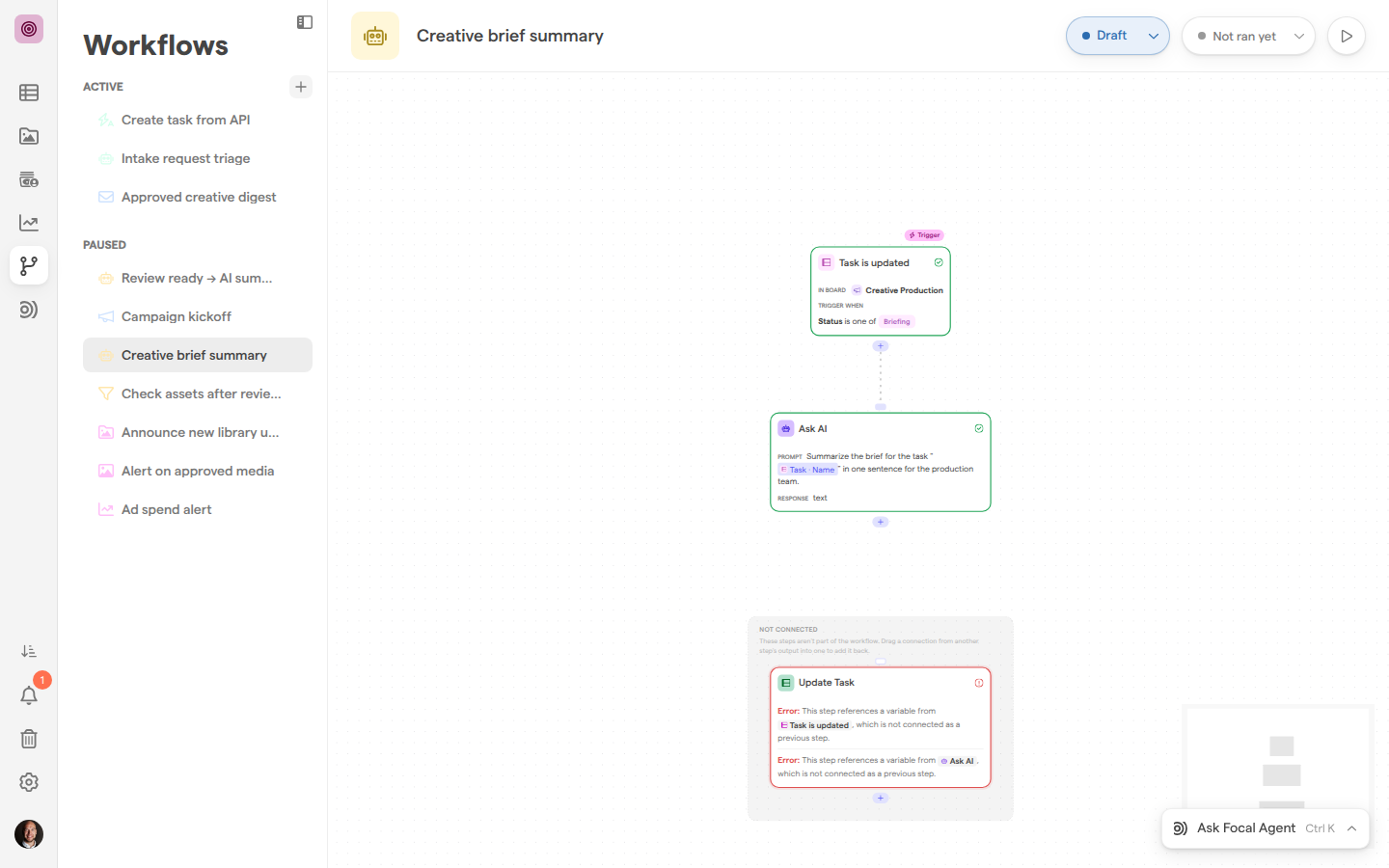 A workflow on the canvas with an Update Task step in the Not connected box below the connected steps.