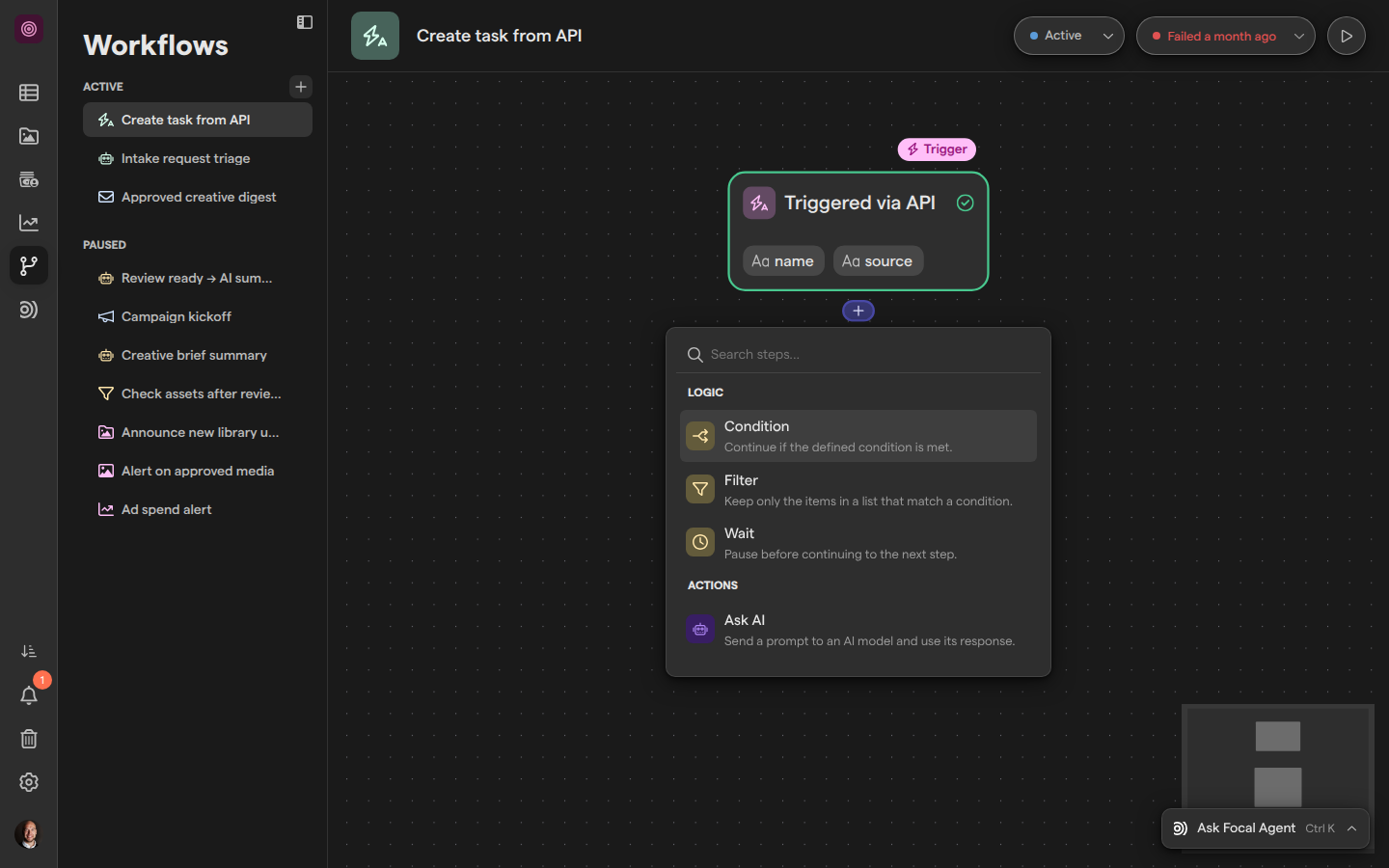 The workflow editor with the step picker open under a trigger, showing the Logic group with Condition, Filter and Wait.