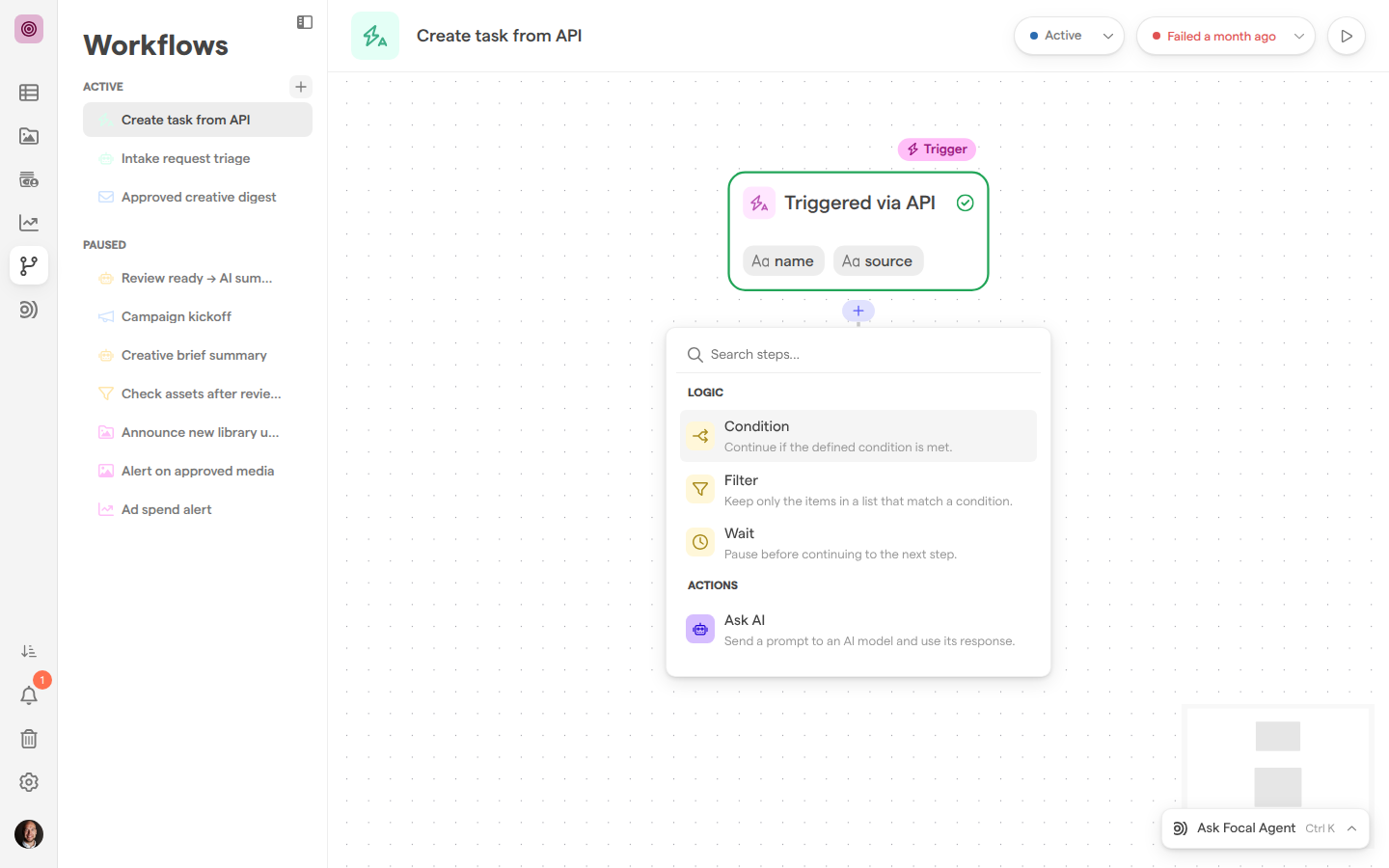 The workflow editor with the step picker open under a trigger, showing the Logic group with Condition, Filter and Wait.