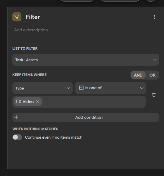 The settings panel of a Filter step with the task’s Assets picked under List to filter, one condition under Keep items where, and the Continue even if no items match toggle.
