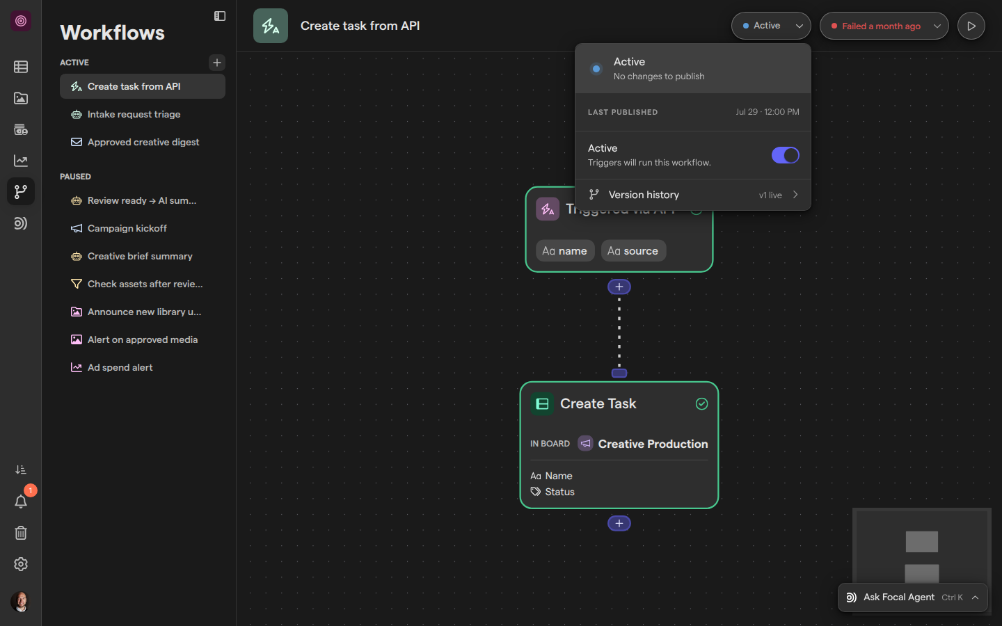 The workflow editor with the publish panel open, showing an active workflow with no changes to publish, its last published date, the Active switch and the Version history row.