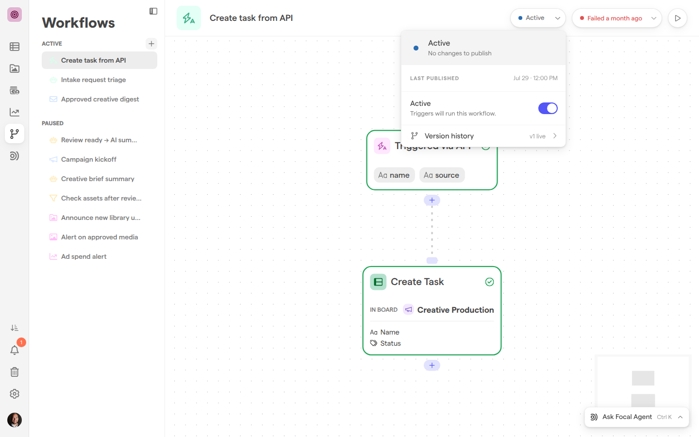 The workflow editor with the publish panel open, showing an active workflow with no changes to publish, its last published date, the Active switch and the Version history row.