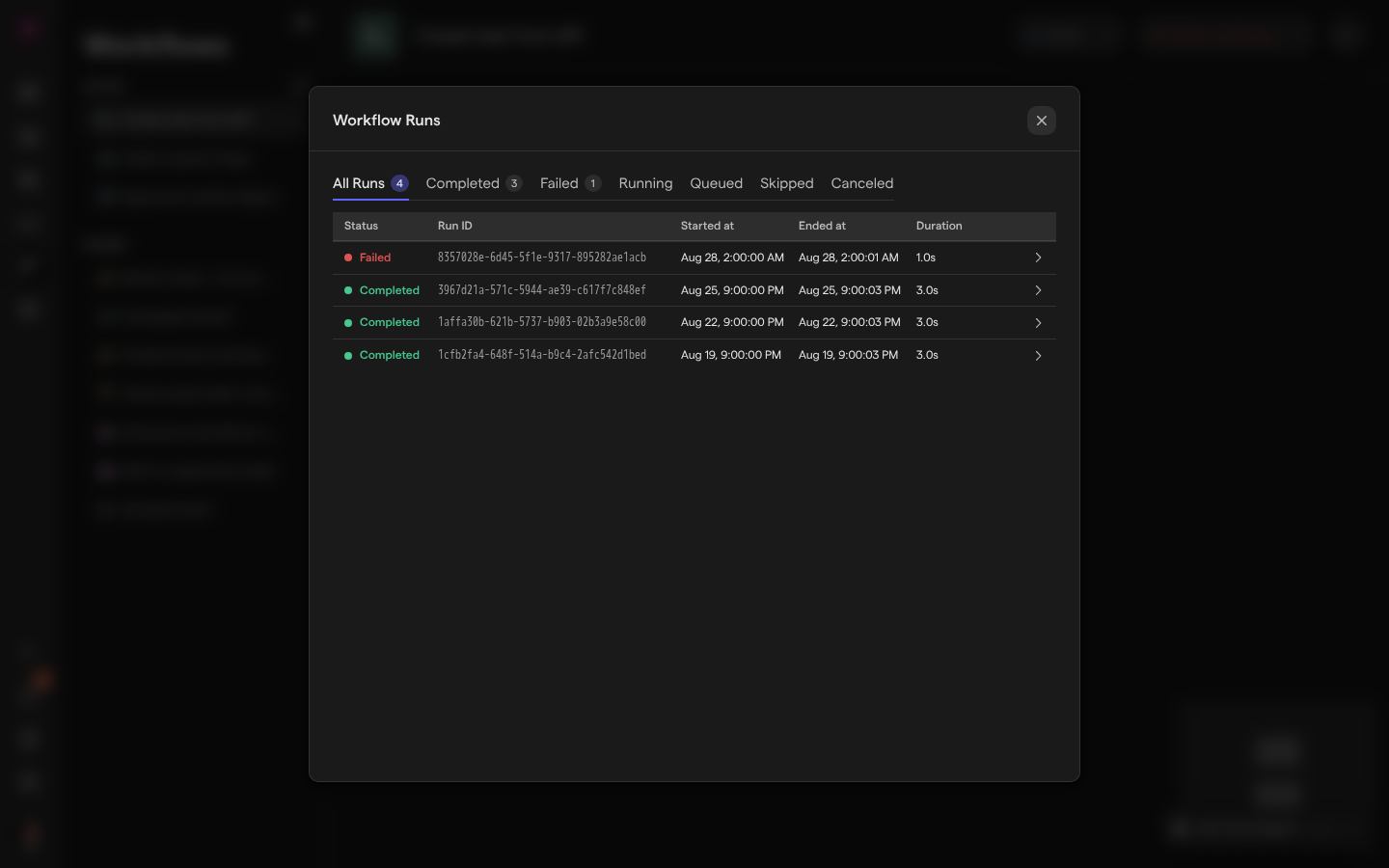 The Workflow Runs window for the Create task from API workflow, listing one failed run and three completed runs with their run IDs, start and end times and durations.
