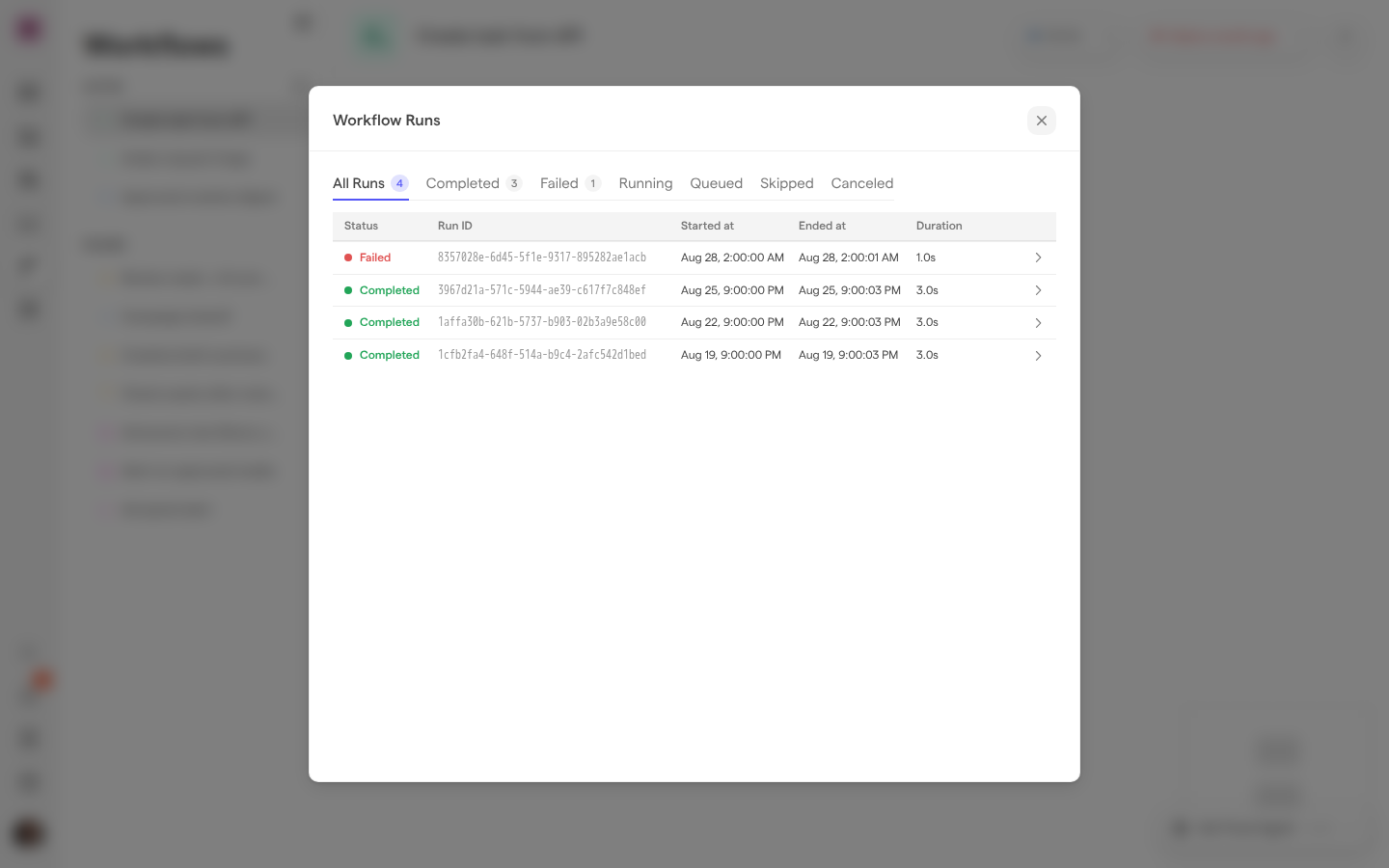 The Workflow Runs window for the Create task from API workflow, listing one failed run and three completed runs with their run IDs, start and end times and durations.