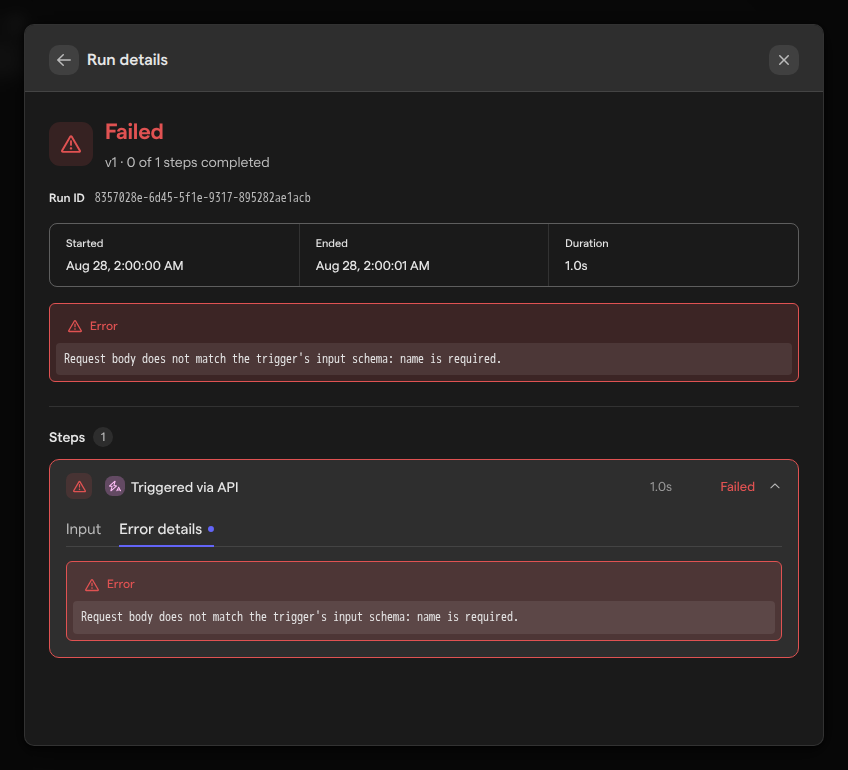 The Run details view of a failed run, with the error message, the Steps list and the Triggered via API step expanded to its Error details tab.