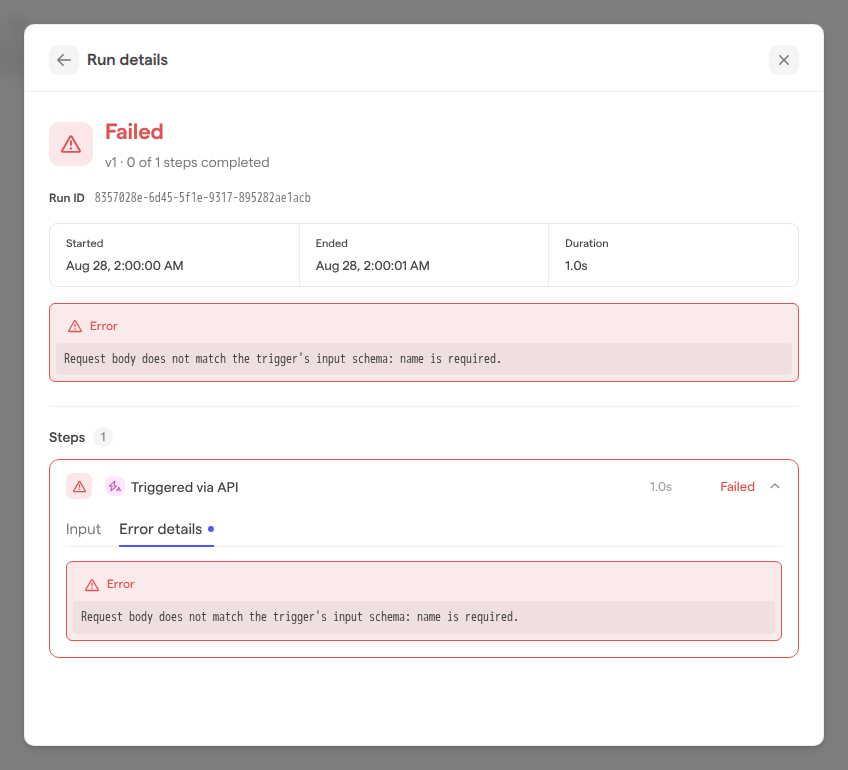 The Run details view of a failed run, with the error message, the Steps list and the Triggered via API step expanded to its Error details tab.