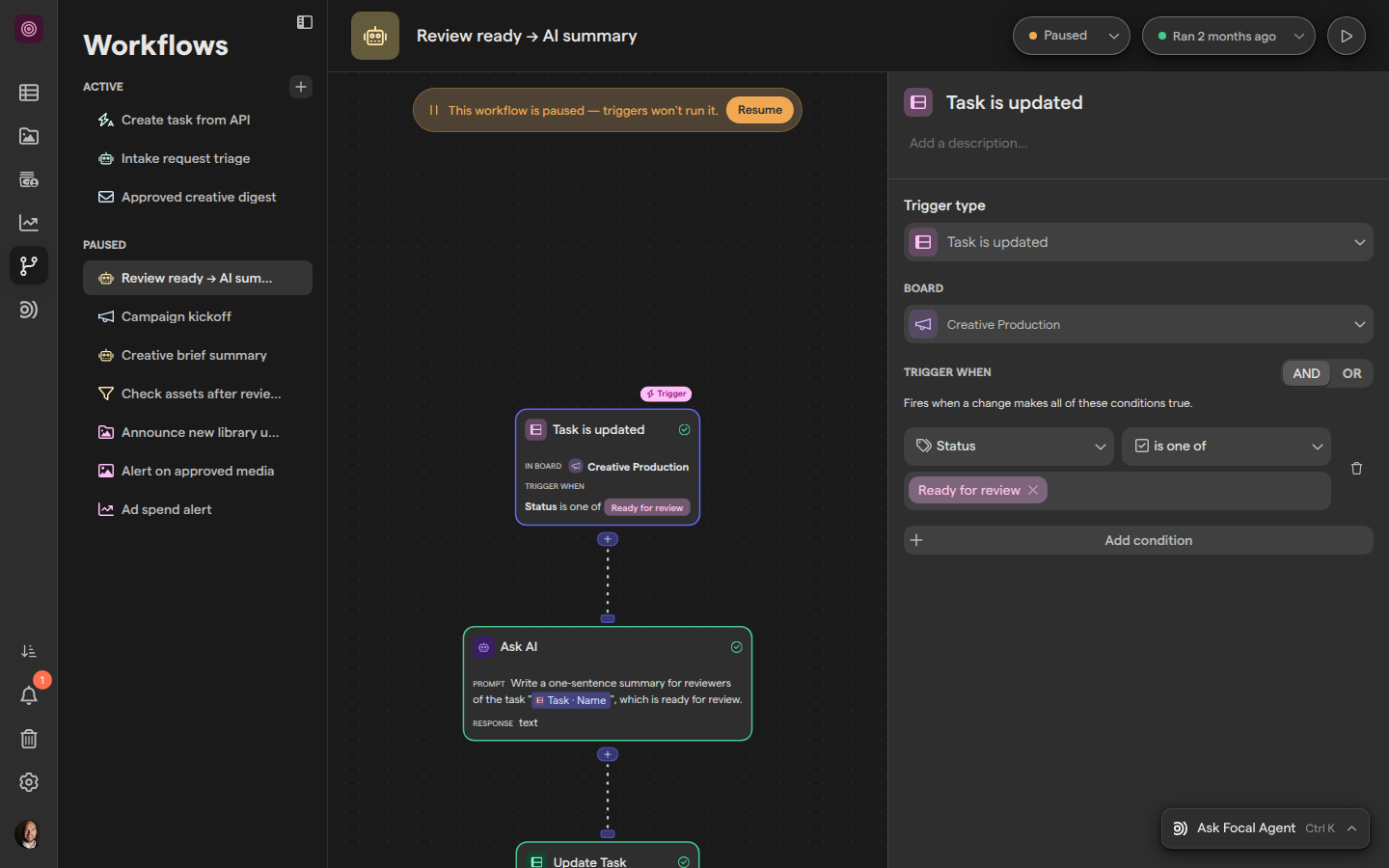 A paused workflow in the editor with its Task is updated trigger selected, showing the board and one condition in the trigger’s settings.