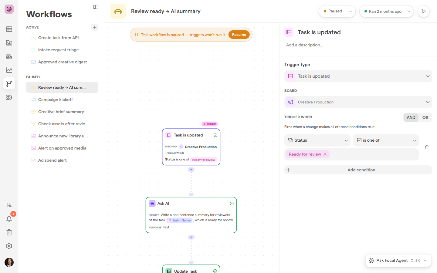 A paused workflow in the editor with its Task is updated trigger selected, showing the board and one condition in the trigger’s settings.