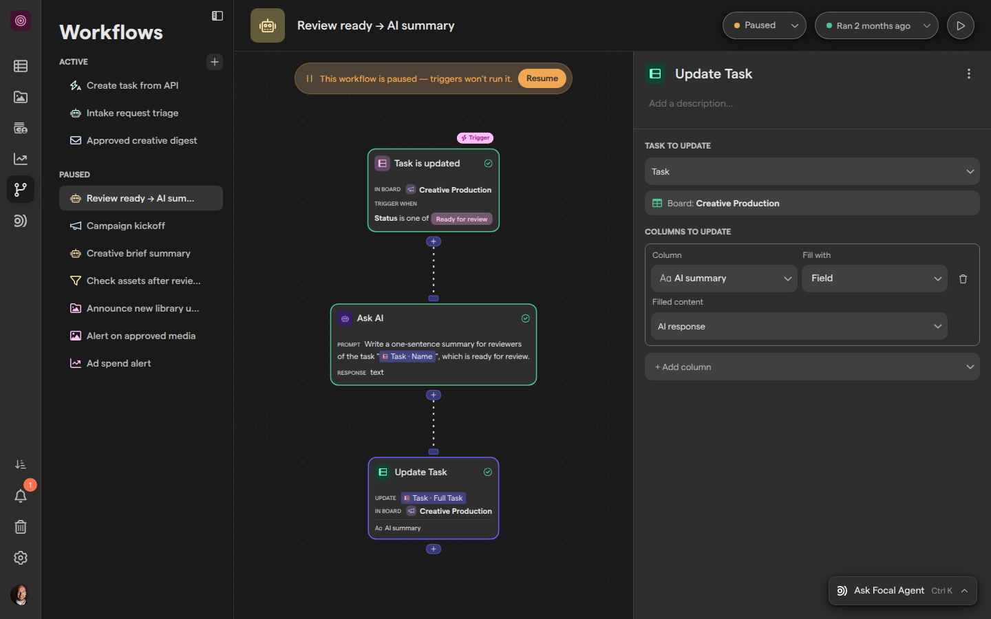The workflow editor with an Update Task step selected; its settings update the trigger’s Task and fill the AI summary column with the Ask AI step’s AI response.