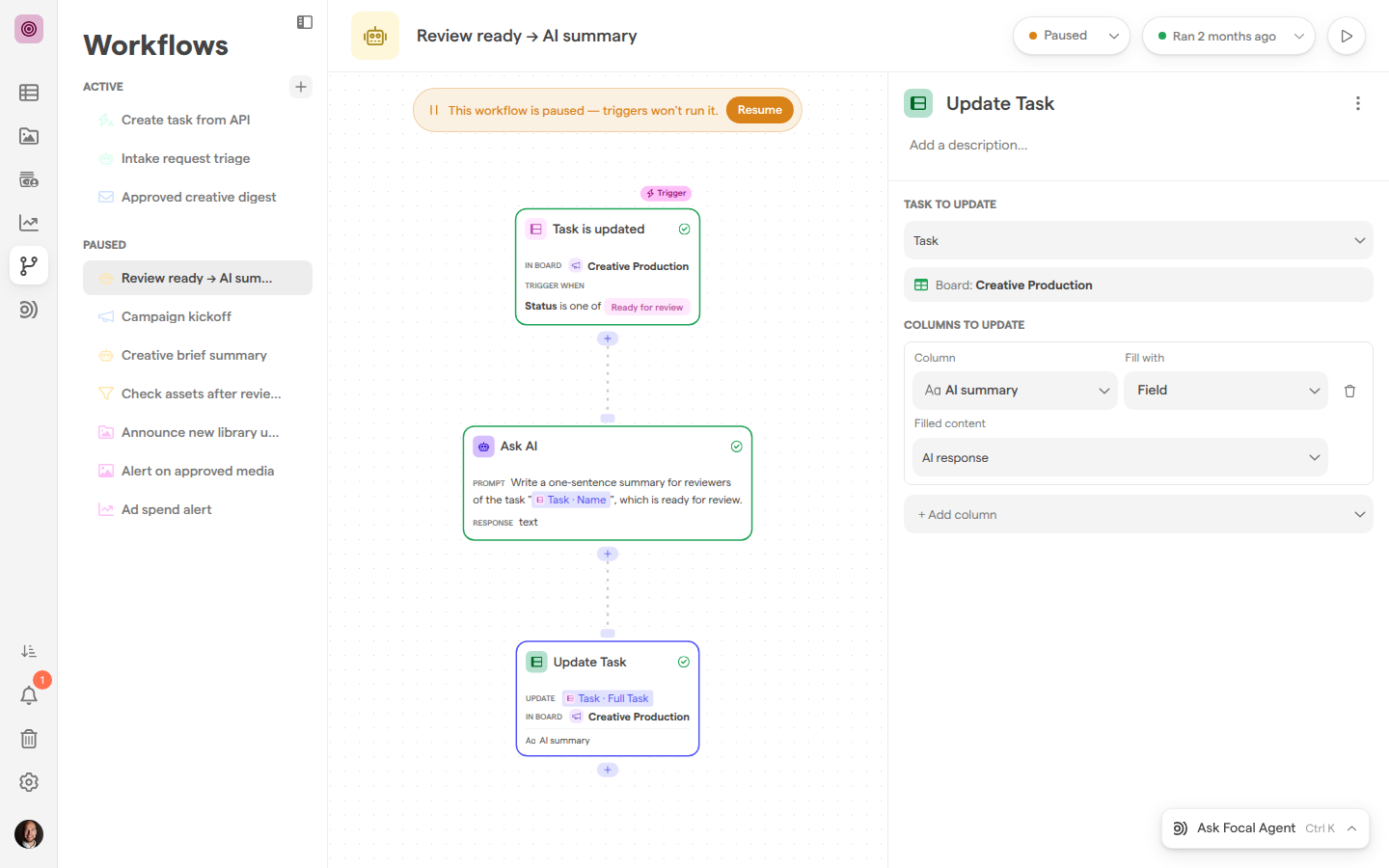 The workflow editor with an Update Task step selected; its settings update the trigger’s Task and fill the AI summary column with the Ask AI step’s AI response.