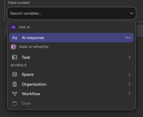 The variable menu opened from a Filled content field, listing the Ask AI step’s AI response, the trigger’s Task, and the Globals group.