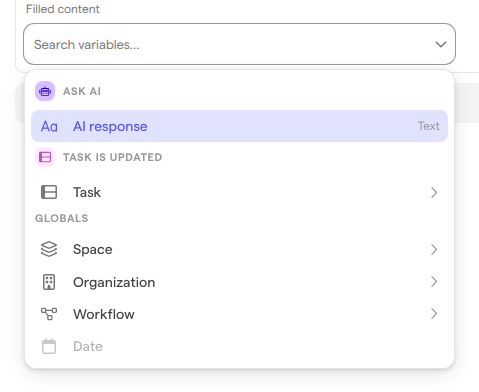 The variable menu opened from a Filled content field, listing the Ask AI step’s AI response, the trigger’s Task, and the Globals group.