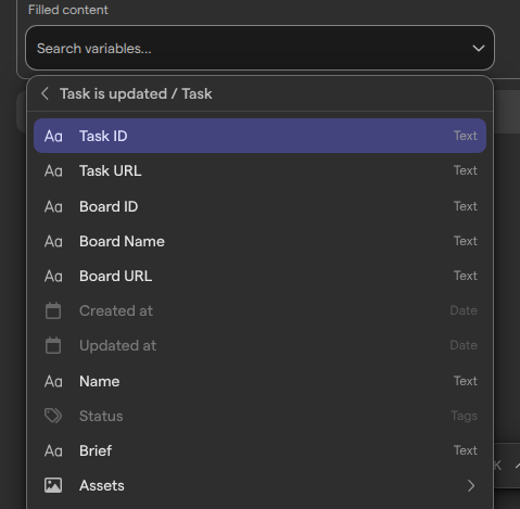 The variable menu opened into the trigger’s Task, listing fields such as Task ID, Board Name, Name and Status with their types.