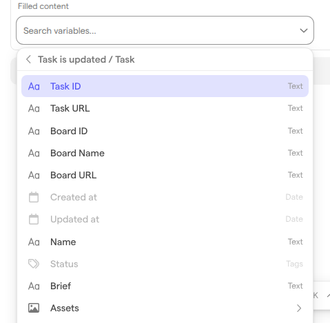 The variable menu opened into the trigger’s Task, listing fields such as Task ID, Board Name, Name and Status with their types.